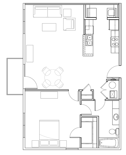 Floor plan for 1 bed, 1 bath, 806 sqft